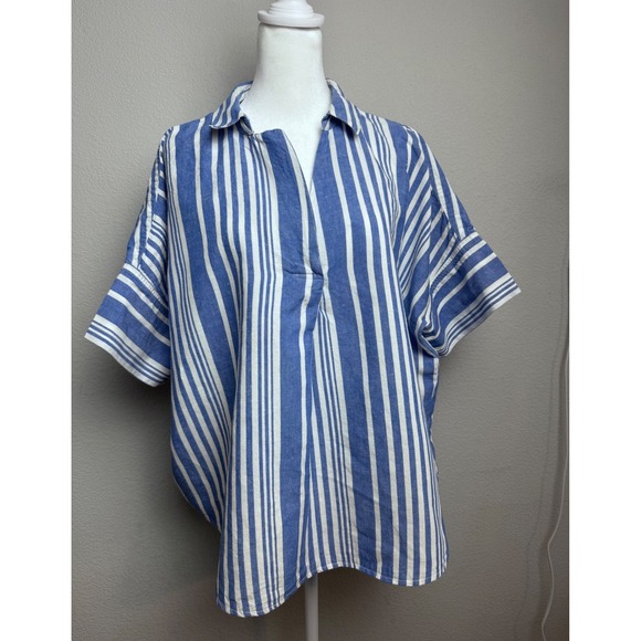 Madewell Tops - Madewell Courier Popover Shirt XL Blue White Stripe Linen Blend Button Back Top